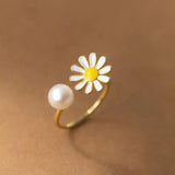 Hivava Korean Daisy Flower Open Ring For Women Girl Fashion Imitation Pearl Cuff Ring Wedding Party Girlfriends Jewelry Gifts