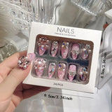 Hivava 24PCS/Set Long Oval False Nails 3D Heart Sparkling French Press On Nails Pink Full Cover Fake Nail Crystal Gem Design Nails Tips