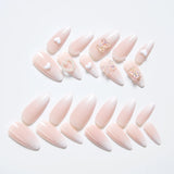 Hivava 24PCS Coffin Glossy Pink Fake Nails With Artificial Peal Design Heart Bear Shape False Nail Kits For Women Girls Valentine's Day