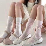 Hivava  Women Lace Bow Stockings JK Lolita Sweet Girls Long Socks Stocking Japanese Style Black White Gray Knee Socks Stockings Female