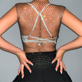 Hivava  Sexy Sparkle Black Mesh Sheer Rhinestones Body Chain Clothes Dress Wild Women Crystal Party Celebrities Rave Festival Outifts