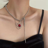 Hiava  -  Double Layer Red Zircon Rose Pendant Necklace Y2K Layered Flower Stone Chain Necklaces Irregular Floral Aesthetic Egirl Necklace