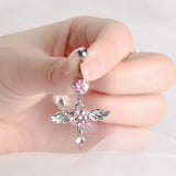 Women Surgical Steel Navel Piercing Pink Color Crystal Heart Wing Belly Button Ring Dangle Personality Body Jewelry Accessories