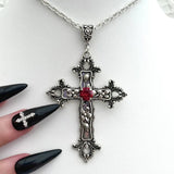 Hiava  -  Large Gothic Cross Drill Pendant Jewelry Necklace Silver Color Red Tone Punk Jewellery Fashion Charm Statement Women Gift