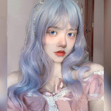 Hivava Aqua Blue Gradient Neat Bang Long Curly Wig