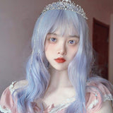 Hivava Aqua Blue Gradient Neat Bang Long Curly Wig