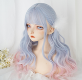 Hivava Aqua Blue Gradient Neat Bang Long Curly Wig