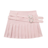 Hivava Pink  Double Belt Pleated Skirt